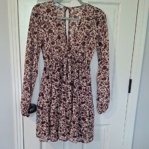 Floral Print Long Sleeve Mini Dress - Mauve & Cream